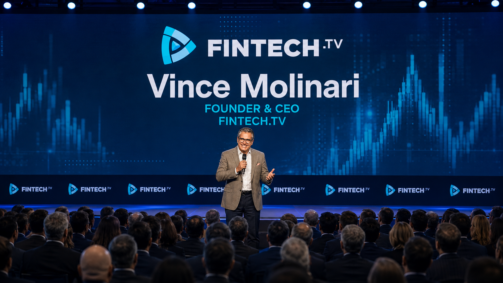 Vince Molinari speaking on stage at a FINTECH.TV broadcast event